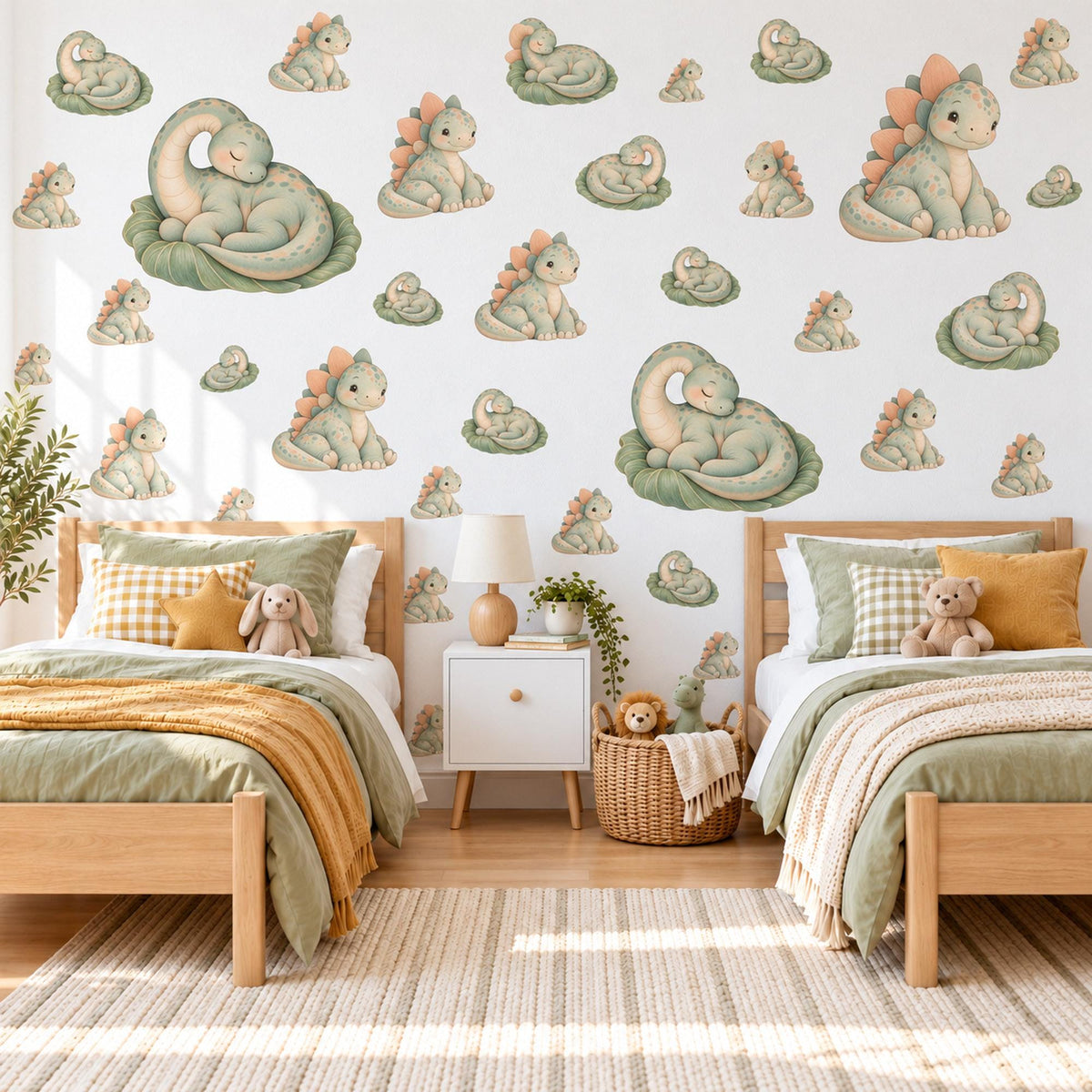 Dinosaur Wall Stickers, Sleepy Dino Nursery Decor, Cute Baby Dinosaur Wall Decals, Sage Green Peach Kids Room Peel and Stick Wall Art