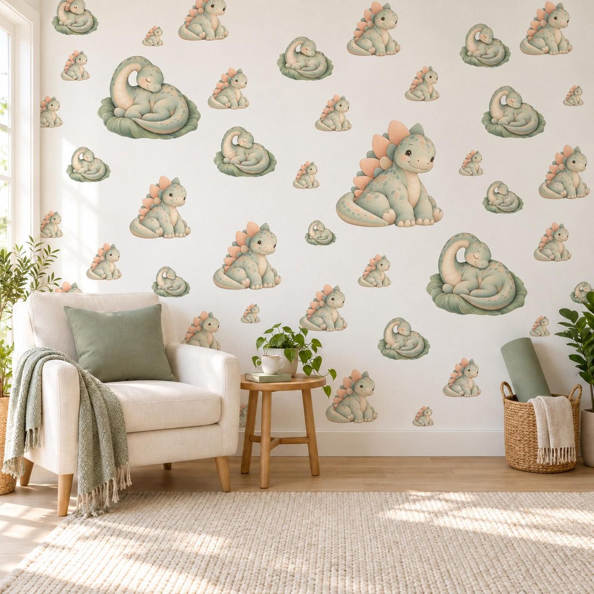 Dinosaur Wall Stickers, Sleepy Dino Nursery Decor, Cute Baby Dinosaur Wall Decals, Sage Green Peach Kids Room Peel and Stick Wall Art