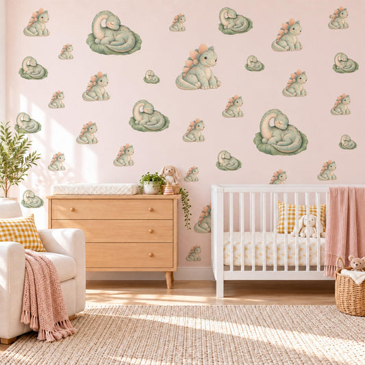 Dinosaur Wall Stickers, Sleepy Dino Nursery Decor, Cute Baby Dinosaur Wall Decals, Sage Green Peach Kids Room Peel and Stick Wall Art