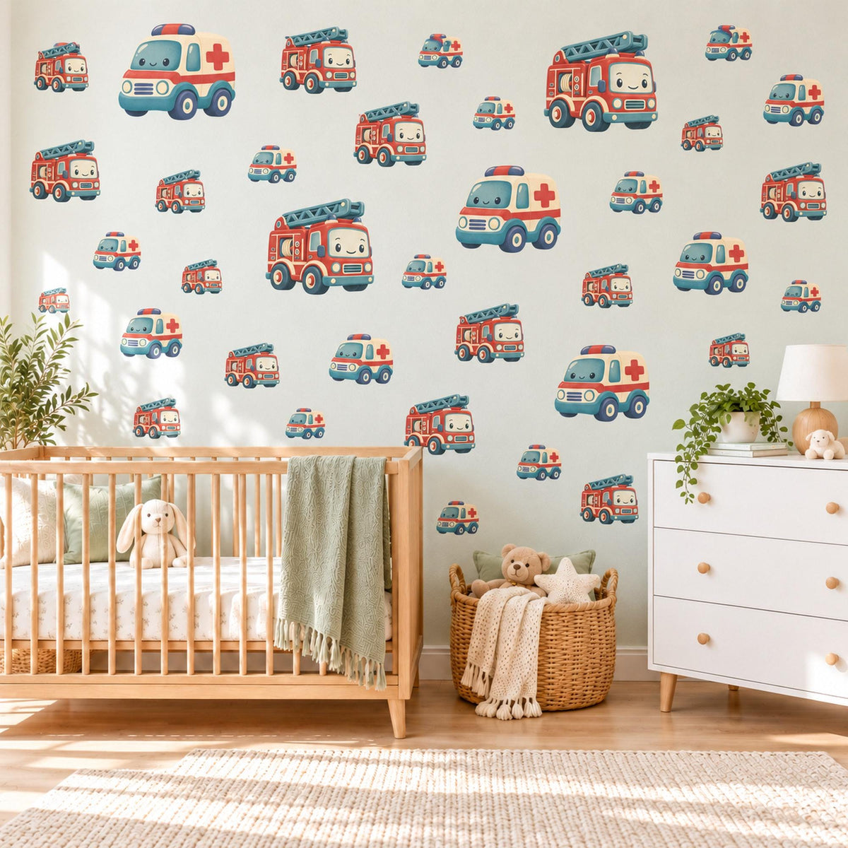 Fire Engine Wall Stickers, Rescue Vehicle Nursery Decor, Ambulance and Fire Truck Wall Decals, Red Teal Boys Room Peel and Stick Art