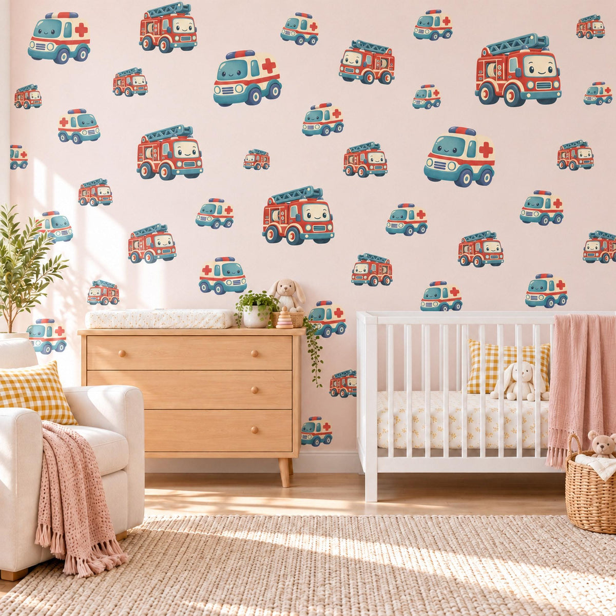 Fire Engine Wall Stickers, Rescue Vehicle Nursery Decor, Ambulance and Fire Truck Wall Decals, Red Teal Boys Room Peel and Stick Art