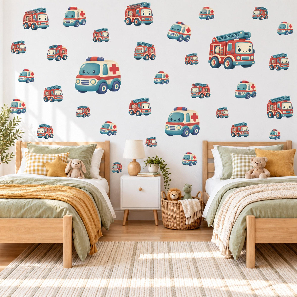 Fire Engine Wall Stickers, Rescue Vehicle Nursery Decor, Ambulance and Fire Truck Wall Decals, Red Teal Boys Room Peel and Stick Art