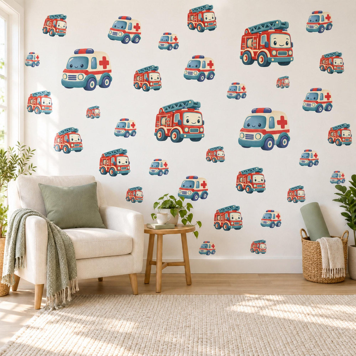Fire Engine Wall Stickers, Rescue Vehicle Nursery Decor, Ambulance and Fire Truck Wall Decals, Red Teal Boys Room Peel and Stick Art