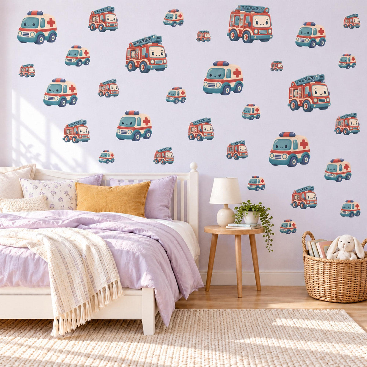 Fire Engine Wall Stickers, Rescue Vehicle Nursery Decor, Ambulance and Fire Truck Wall Decals, Red Teal Boys Room Peel and Stick Art