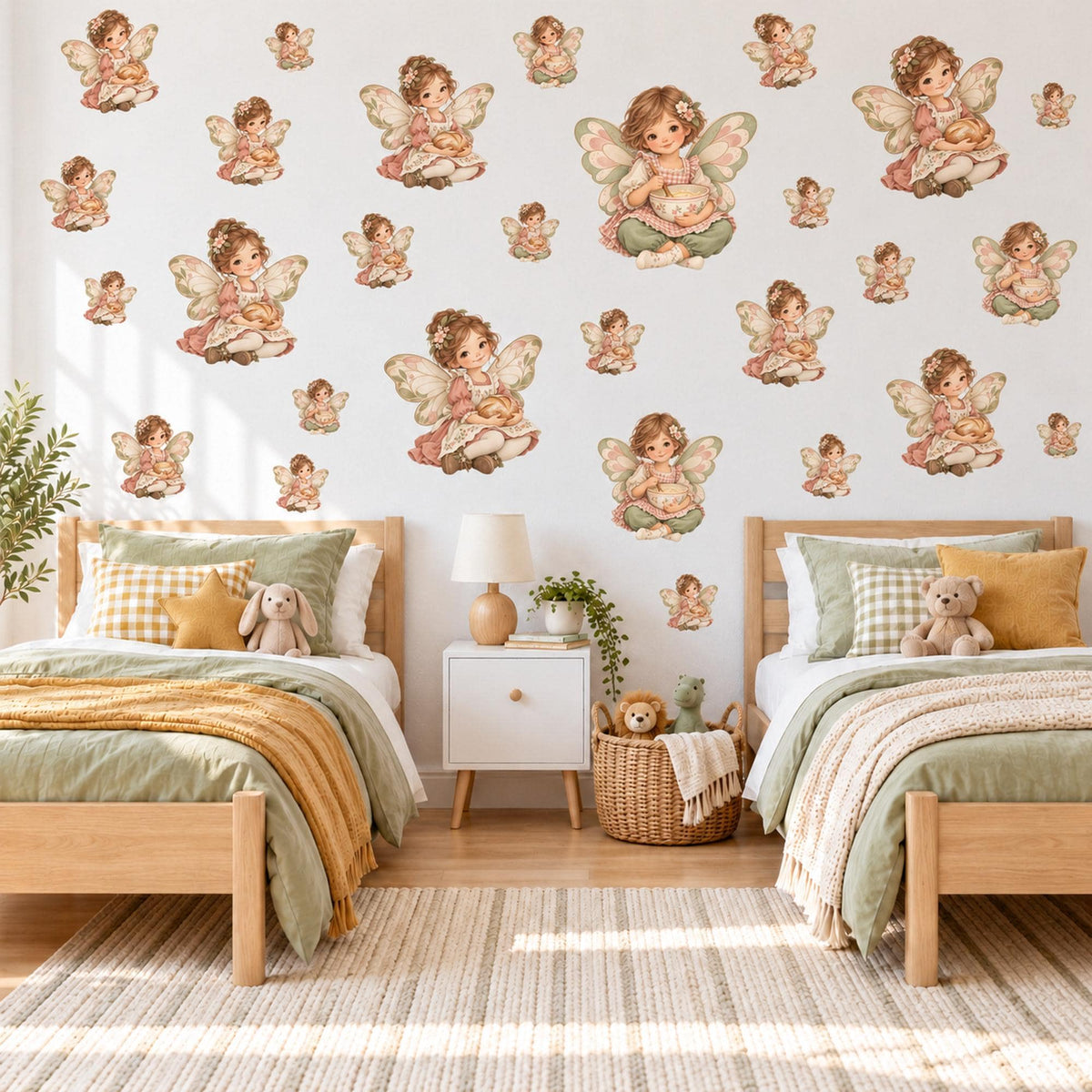 Fairy Wall Stickers, Vintage Fairy Nursery Decor, Little Baking Fairies Wall Decals, Blush Pink Sage Girls Room Peel and Stick Wall Art