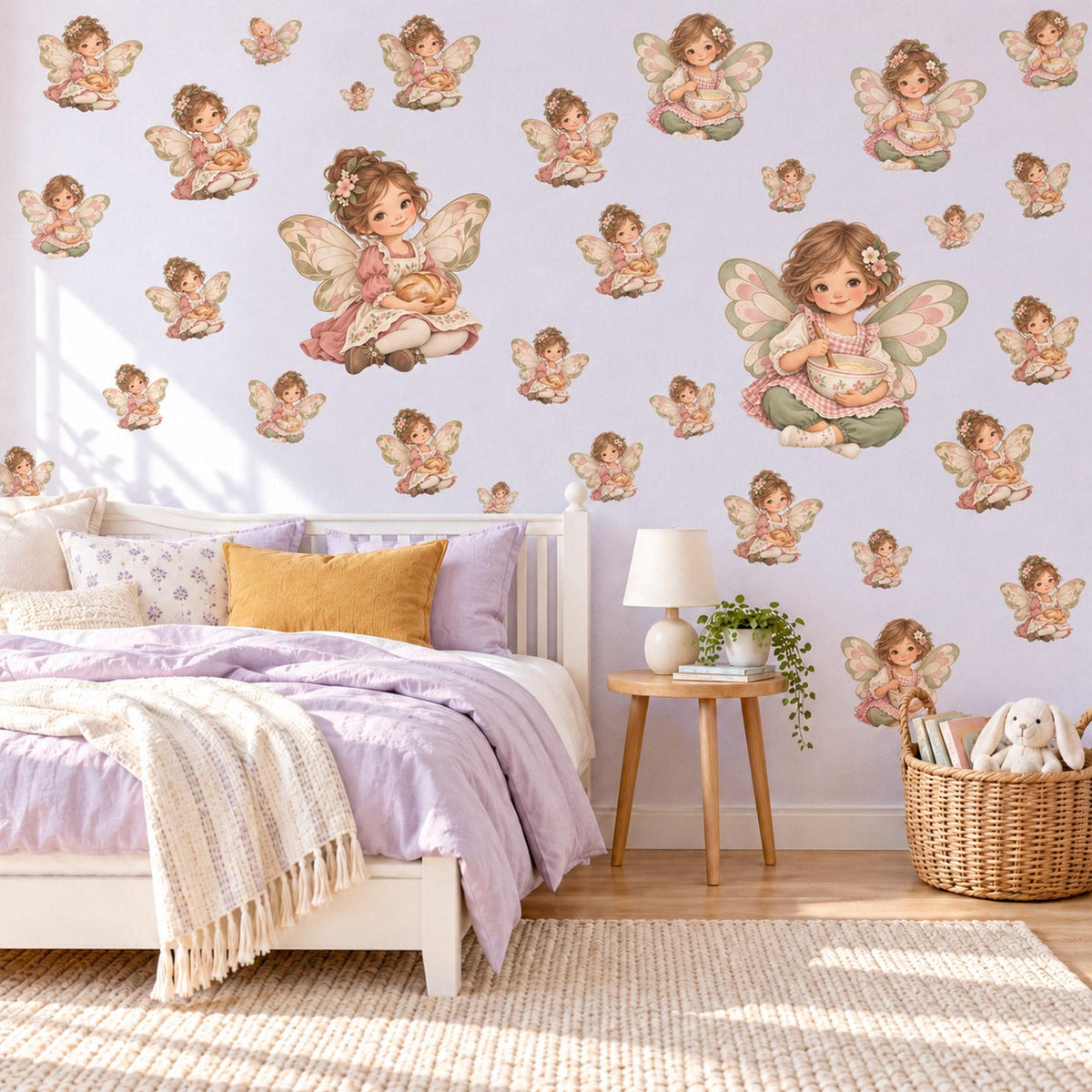 Fairy Wall Stickers, Vintage Fairy Nursery Decor, Little Baking Fairies Wall Decals, Blush Pink Sage Girls Room Peel and Stick Wall Art