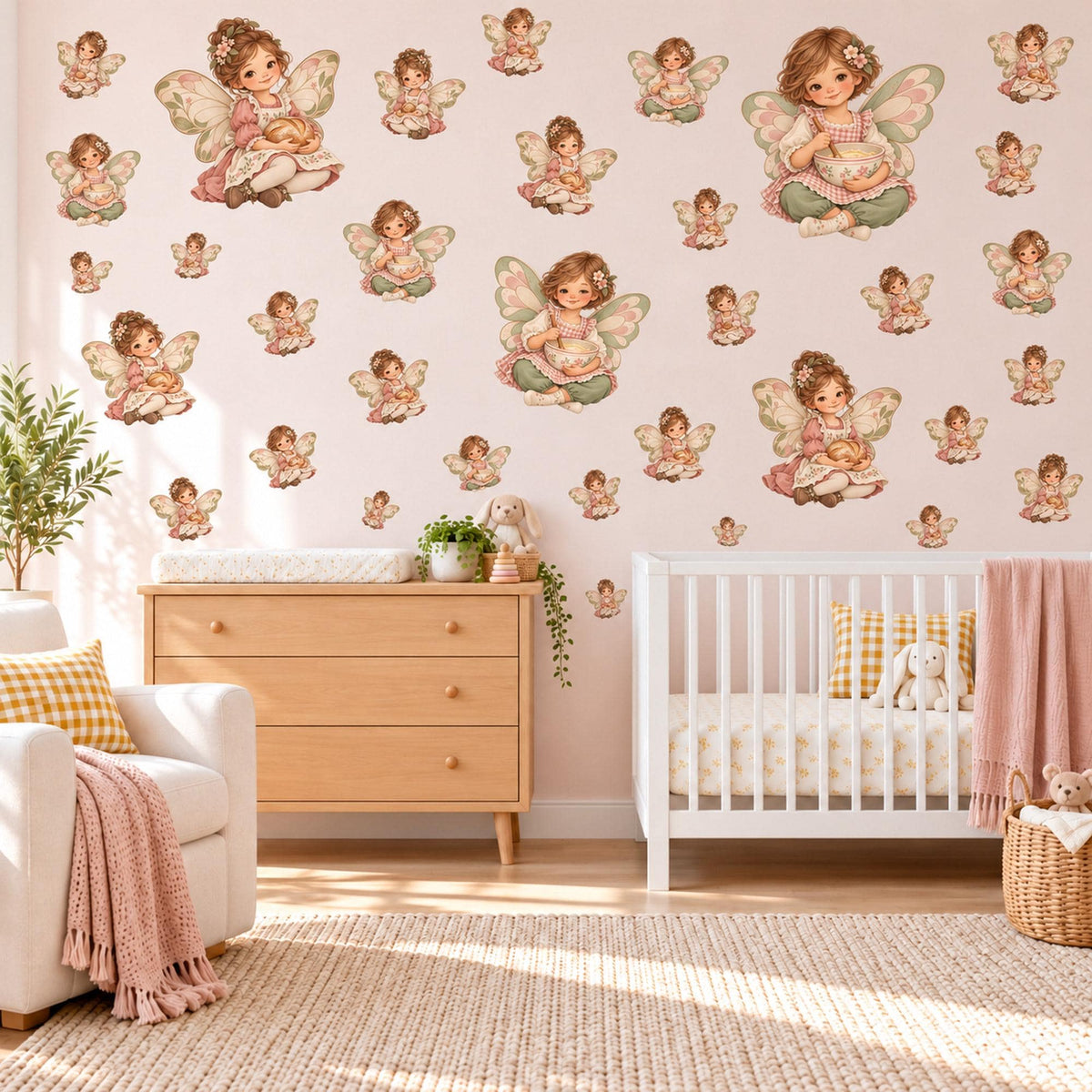Fairy Wall Stickers, Vintage Fairy Nursery Decor, Little Baking Fairies Wall Decals, Blush Pink Sage Girls Room Peel and Stick Wall Art