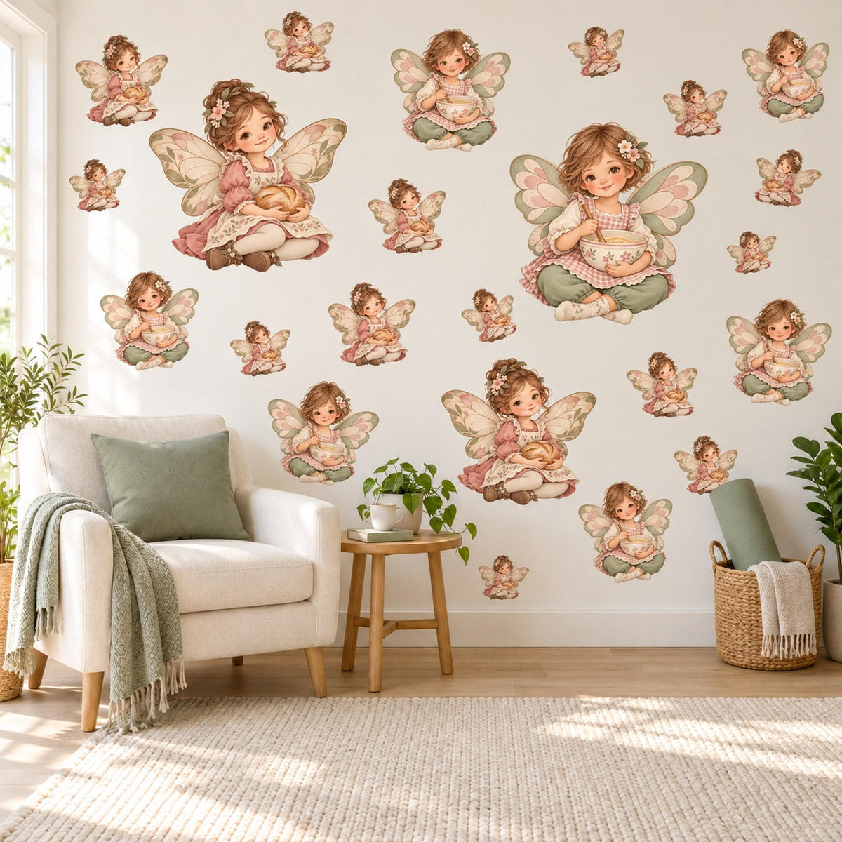 Fairy Wall Stickers, Vintage Fairy Nursery Decor, Little Baking Fairies Wall Decals, Blush Pink Sage Girls Room Peel and Stick Wall Art