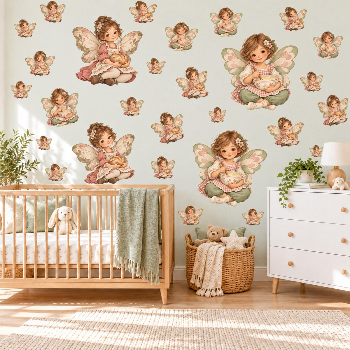 Fairy Wall Stickers, Vintage Fairy Nursery Decor, Little Baking Fairies Wall Decals, Blush Pink Sage Girls Room Peel and Stick Wall Art