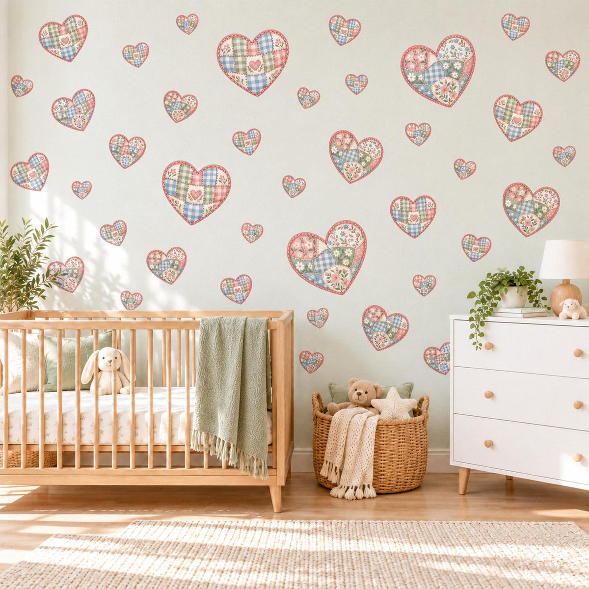 Heart Wall Stickers, Patchwork Quilt Heart Nursery Decor, Gingham Floral Heart Wall Decals, Pink Blue Sage Kids Room Peel and Stick Art