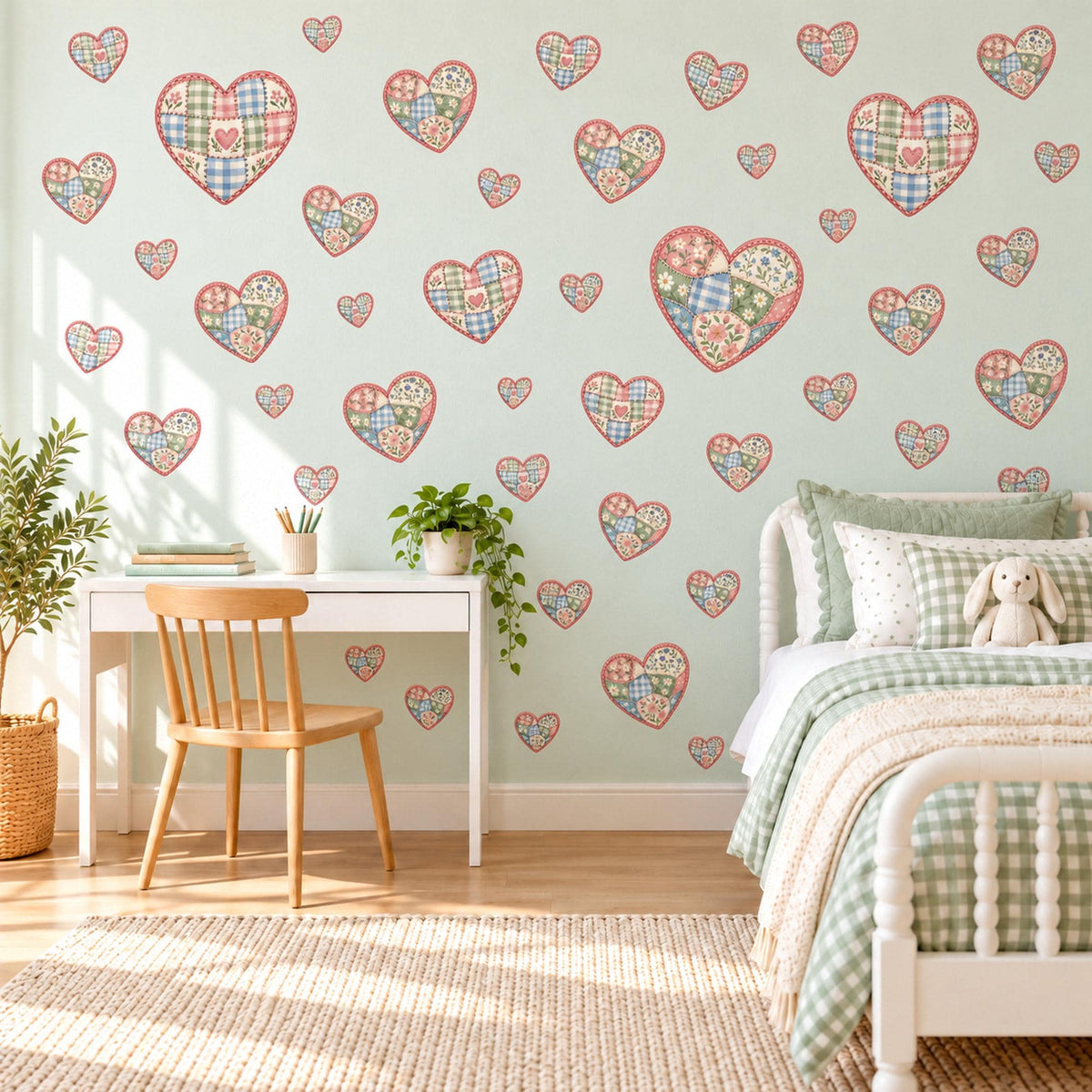 Heart Wall Stickers, Patchwork Quilt Heart Nursery Decor, Gingham Floral Heart Wall Decals, Pink Blue Sage Kids Room Peel and Stick Art