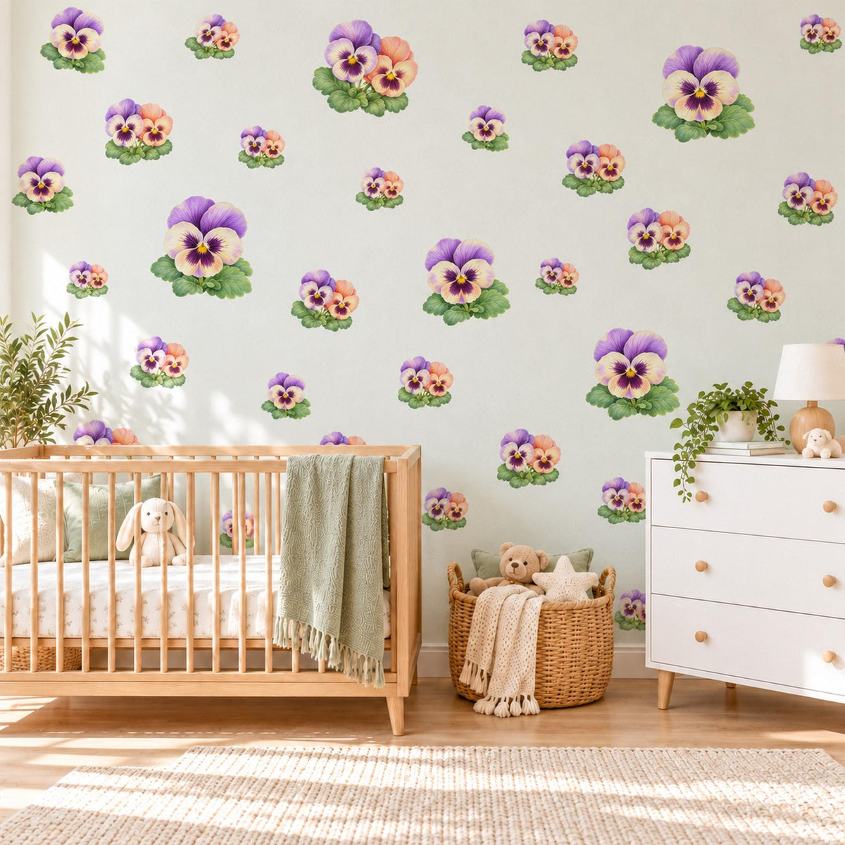 Pansy Wall Stickers, Purple Pansy Flower Nursery Decor, Watercolour Pansies Wall Decals, Lilac Peach Girls Room Peel and Stick Wall Art