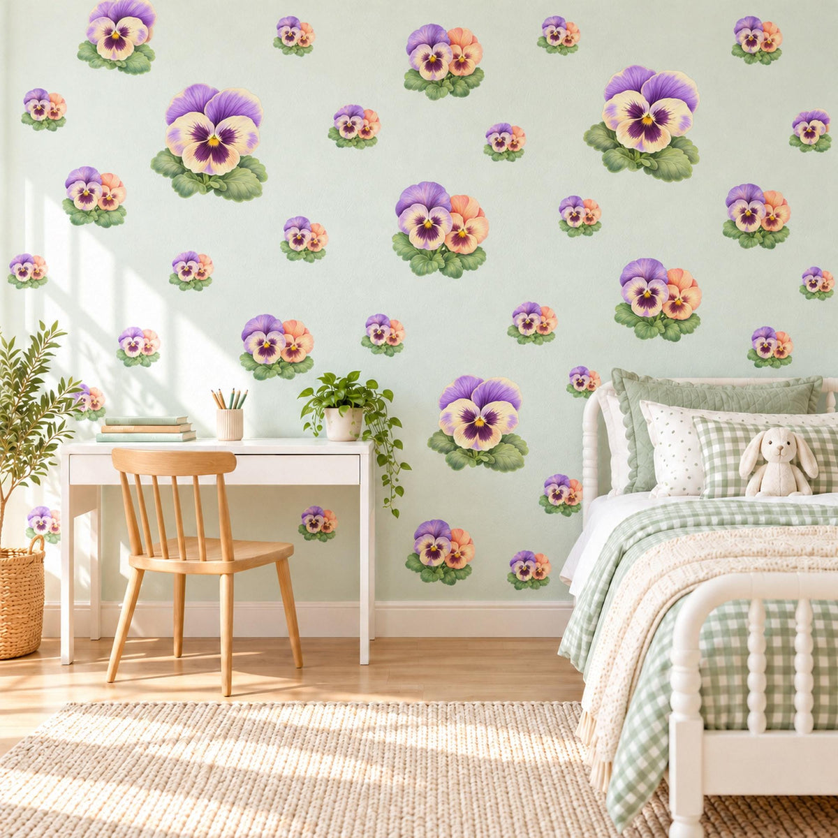 Pansy Wall Stickers, Purple Pansy Flower Nursery Decor, Watercolour Pansies Wall Decals, Lilac Peach Girls Room Peel and Stick Wall Art