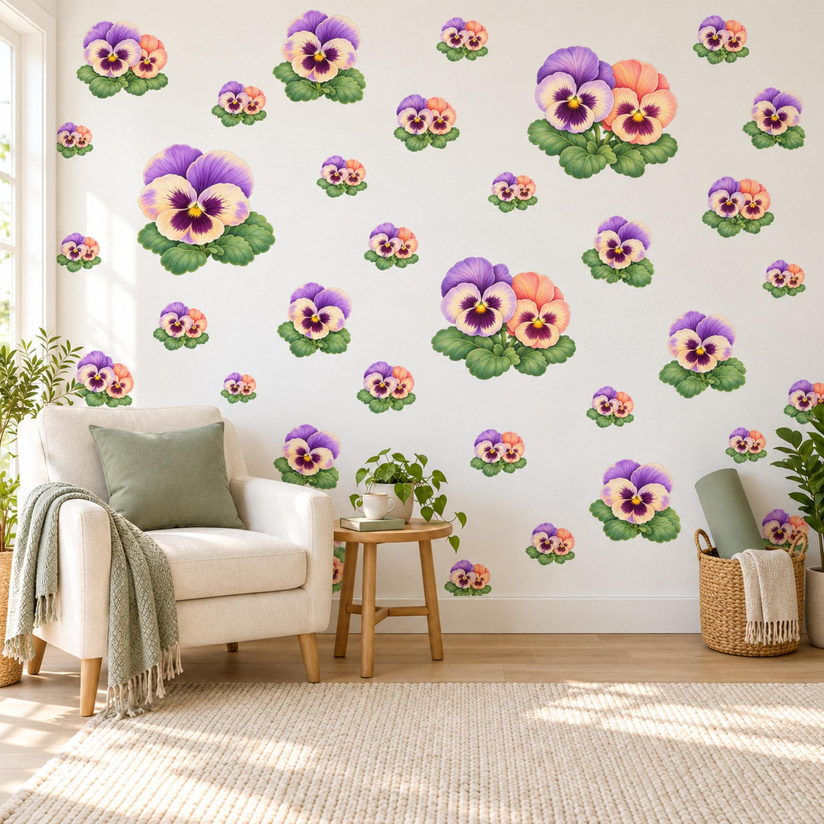 Pansy Wall Stickers, Purple Pansy Flower Nursery Decor, Watercolour Pansies Wall Decals, Lilac Peach Girls Room Peel and Stick Wall Art