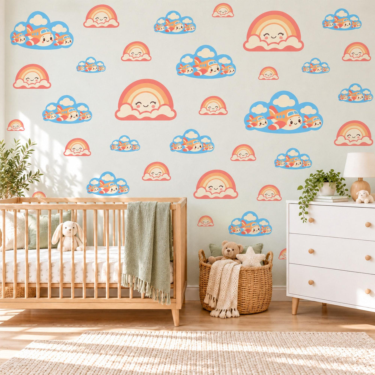 Rainbow Wall Stickers, Smiling Rainbow Cloud Nursery Decor, Rainbows and Planes Wall Decals, Coral Peach Sky Blue Kids Peel and Stick Art