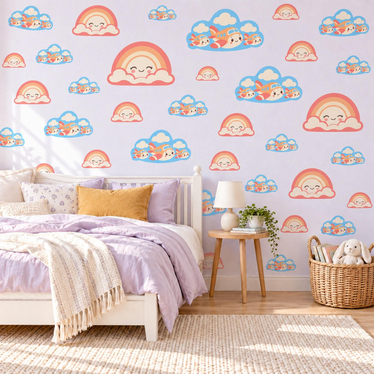 Rainbow Wall Stickers, Smiling Rainbow Cloud Nursery Decor, Rainbows and Planes Wall Decals, Coral Peach Sky Blue Kids Peel and Stick Art