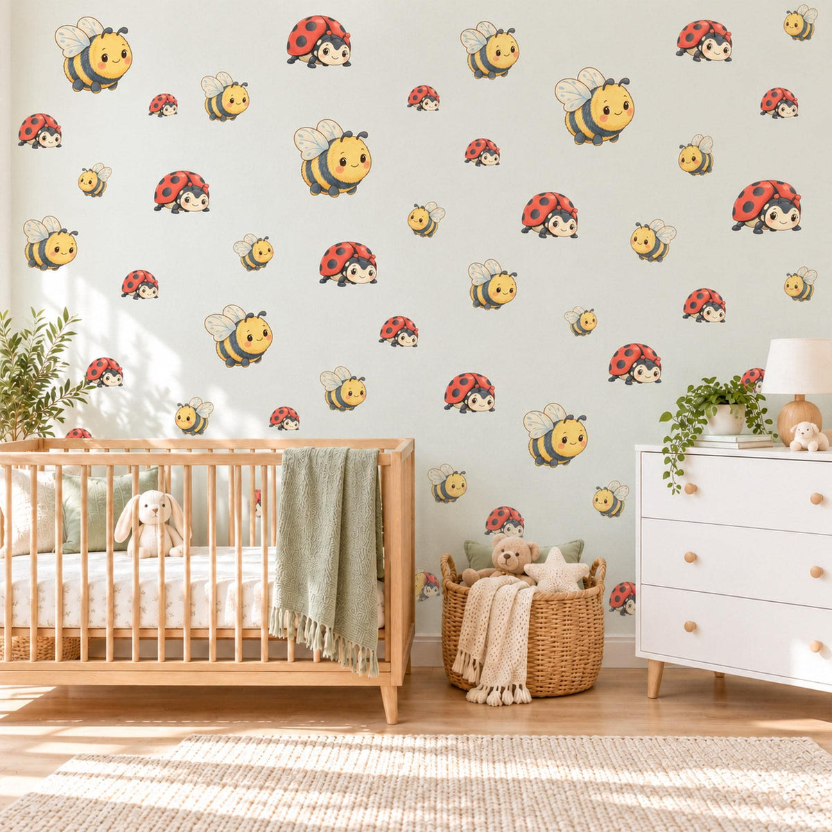 Bee Wall Stickers, Bumble Bee and Ladybird Nursery Decor, Cute Bug Wall Decals, Yellow Red Kids Room Peel and Stick Wall Art