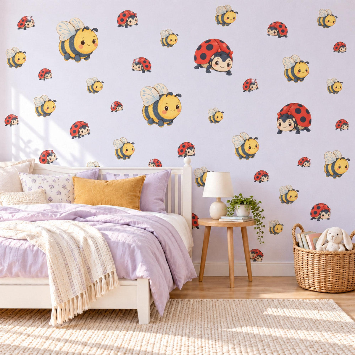 Bee Wall Stickers, Bumble Bee and Ladybird Nursery Decor, Cute Bug Wall Decals, Yellow Red Kids Room Peel and Stick Wall Art