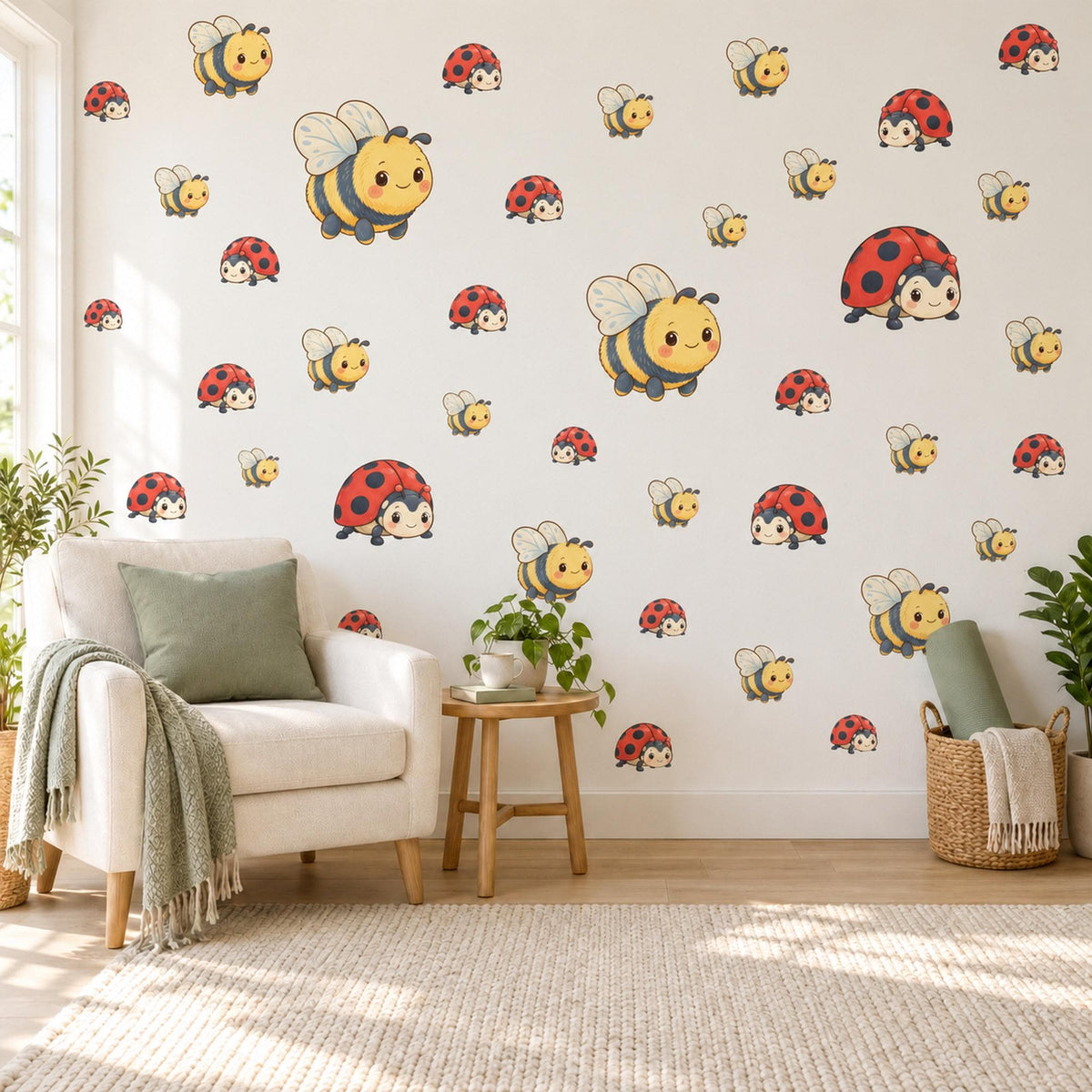 Bee Wall Stickers, Bumble Bee and Ladybird Nursery Decor, Cute Bug Wall Decals, Yellow Red Kids Room Peel and Stick Wall Art