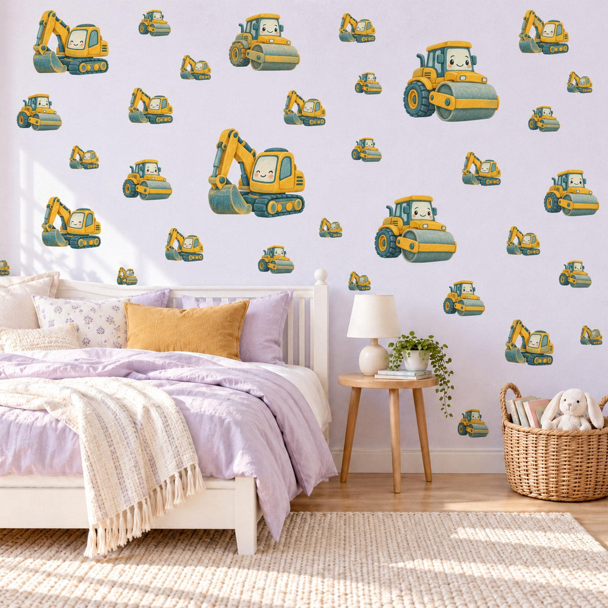 Digger Wall Stickers, Construction Vehicle Nursery Decor, Excavator and Road Roller Wall Decals, Yellow Boys Room Peel and Stick Wall Art