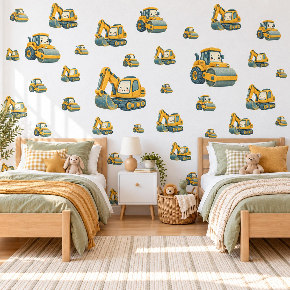 Digger Wall Stickers, Construction Vehicle Nursery Decor, Excavator and Road Roller Wall Decals, Yellow Boys Room Peel and Stick Wall Art