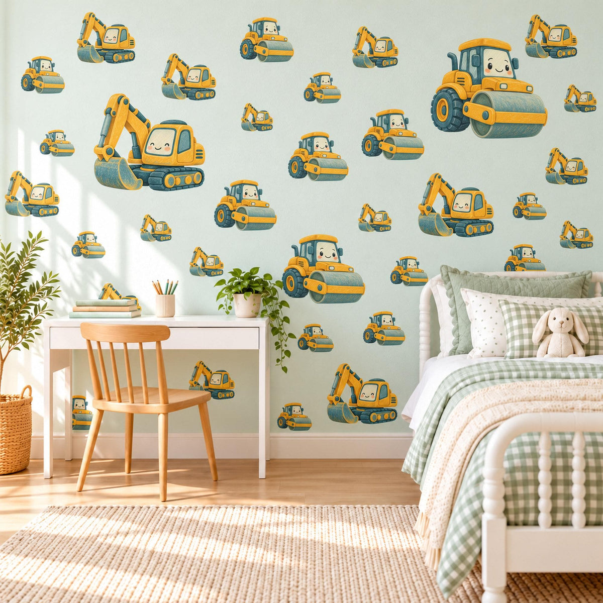 Digger Wall Stickers, Construction Vehicle Nursery Decor, Excavator and Road Roller Wall Decals, Yellow Boys Room Peel and Stick Wall Art