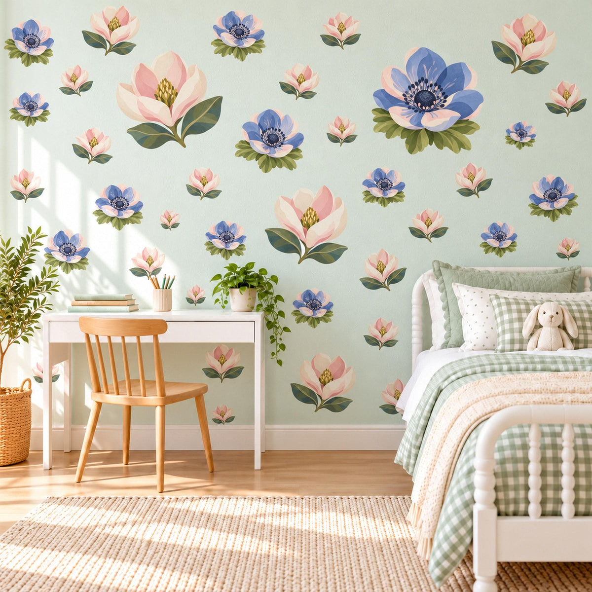 Magnolia Wall Stickers, Pink Blue Flower Nursery Decor, Magnolia and Anemone Wall Decals, Blush Periwinkle Girls Room Peel and Stick Art