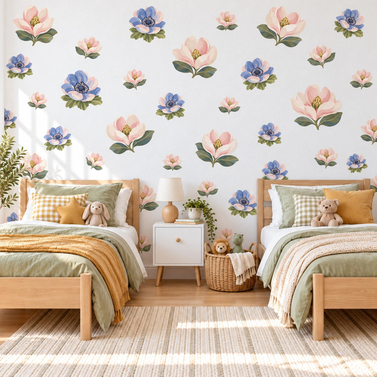 Magnolia Wall Stickers, Pink Blue Flower Nursery Decor, Magnolia and Anemone Wall Decals, Blush Periwinkle Girls Room Peel and Stick Art