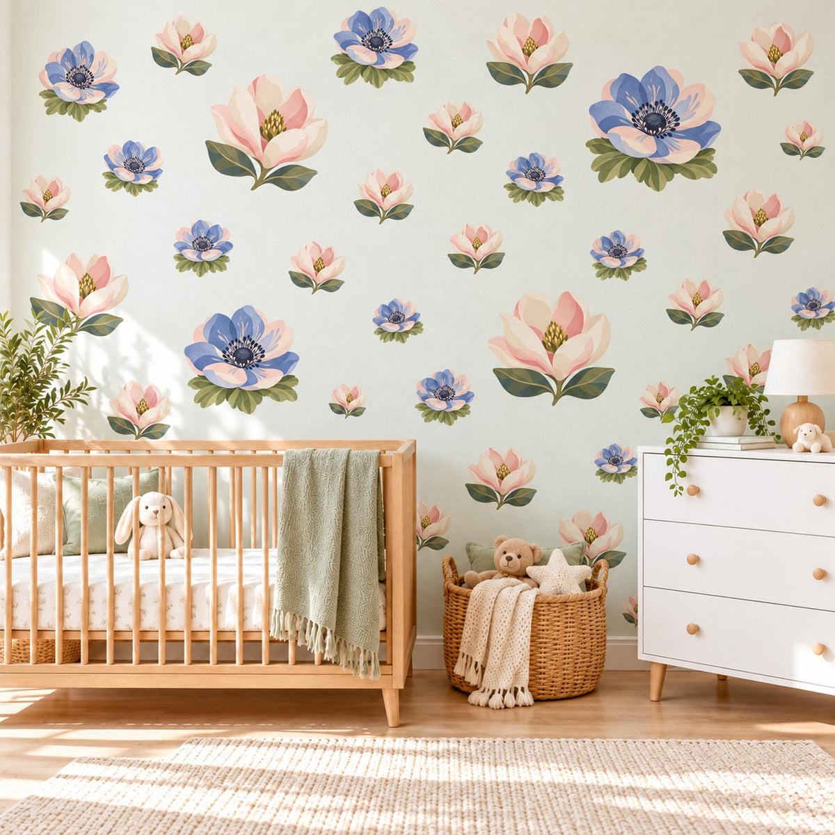 Magnolia Wall Stickers, Pink Blue Flower Nursery Decor, Magnolia and Anemone Wall Decals, Blush Periwinkle Girls Room Peel and Stick Art