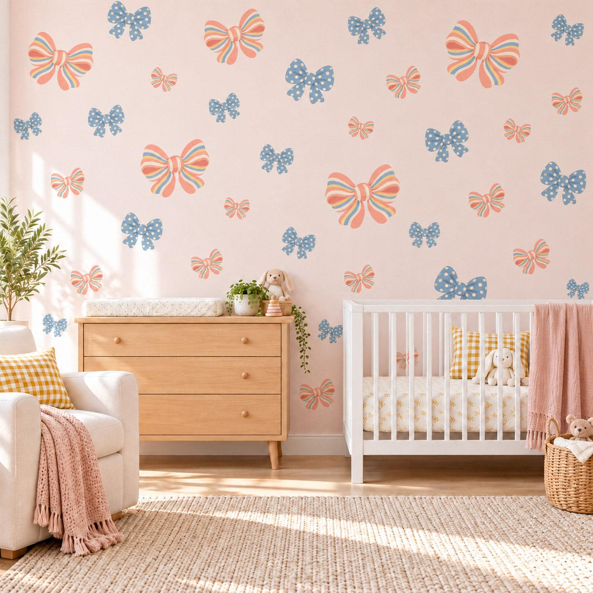 Bow Wall Stickers, Striped and Polka Dot Bow Nursery Decor, Candy Stripe Bows Wall Decals, Coral Blue Girls Room Peel and Stick Wall Art