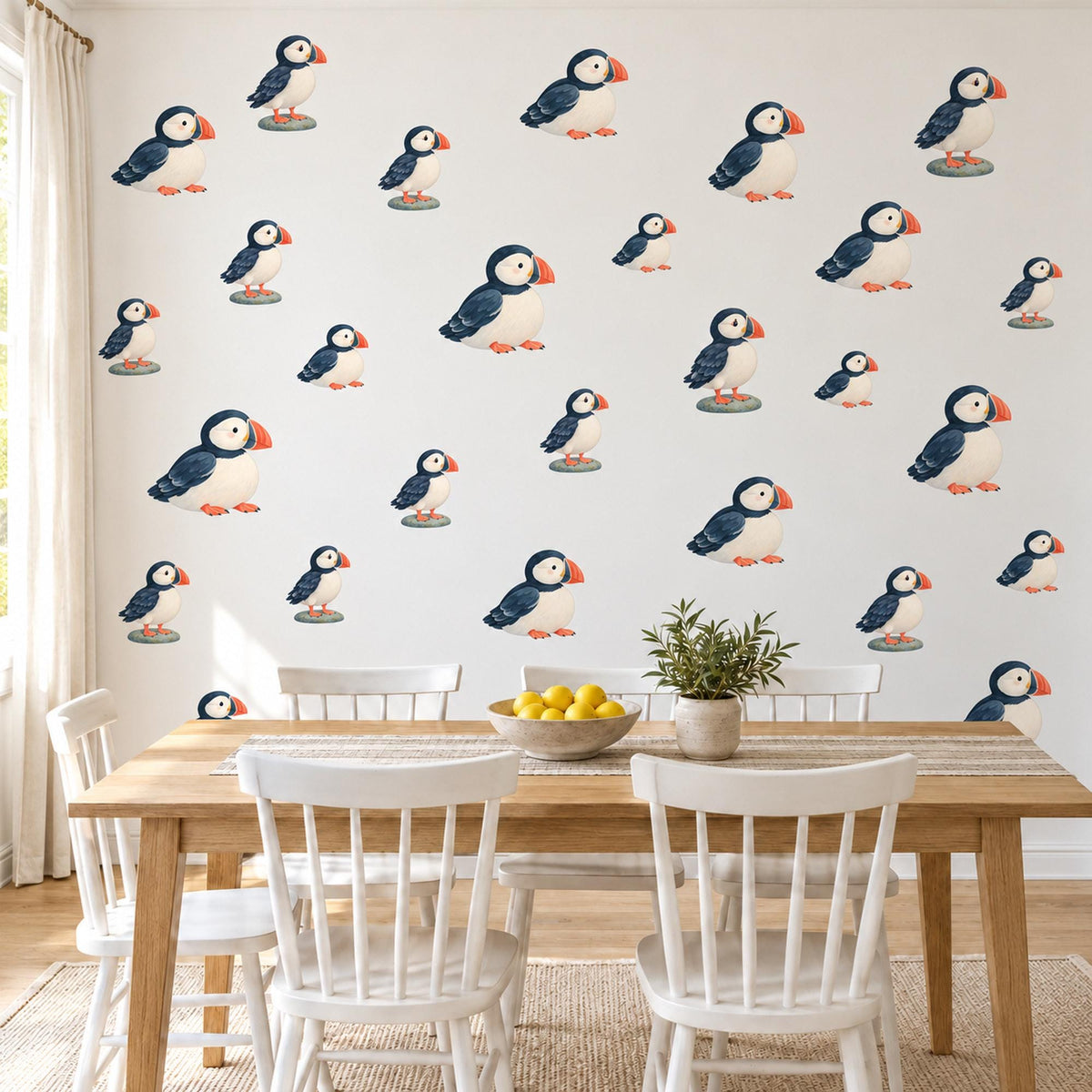 Puffin Wall Stickers, Coastal Puffin Nursery Decor, Cute Seabird Wall Decals, Navy Orange Nautical Kids Room Peel and Stick Wall Art