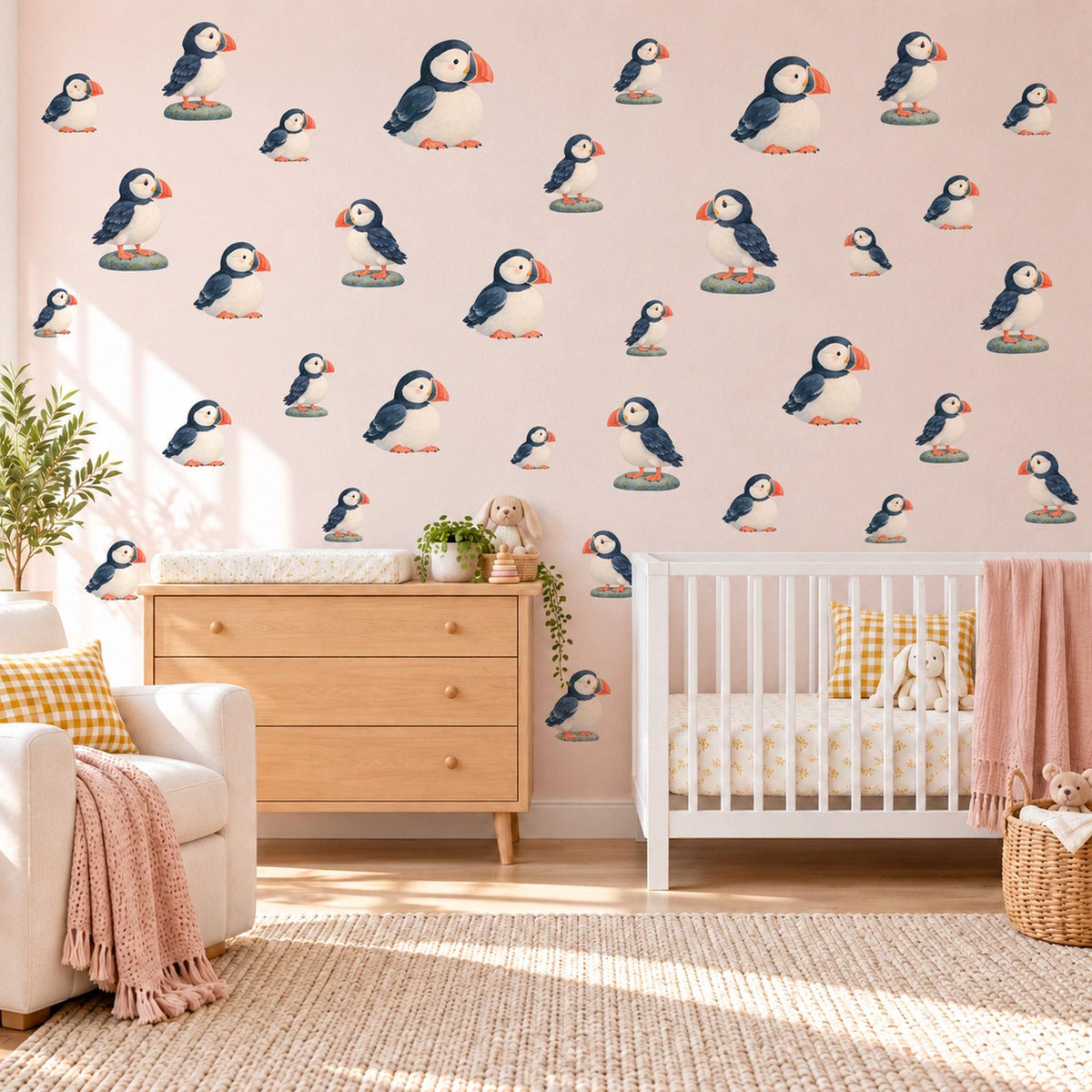 Puffin Wall Stickers, Coastal Puffin Nursery Decor, Cute Seabird Wall Decals, Navy Orange Nautical Kids Room Peel and Stick Wall Art
