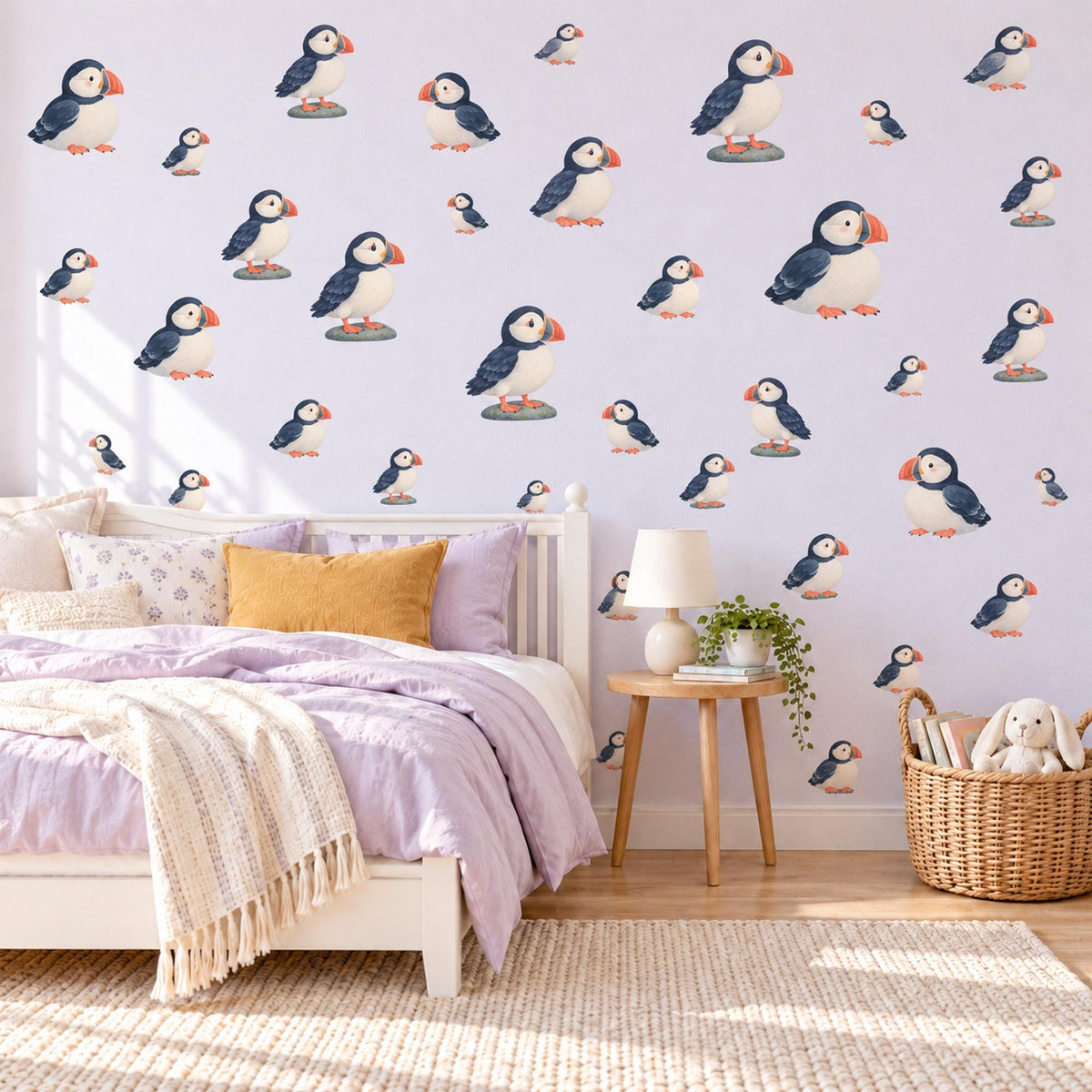 Puffin Wall Stickers, Coastal Puffin Nursery Decor, Cute Seabird Wall Decals, Navy Orange Nautical Kids Room Peel and Stick Wall Art
