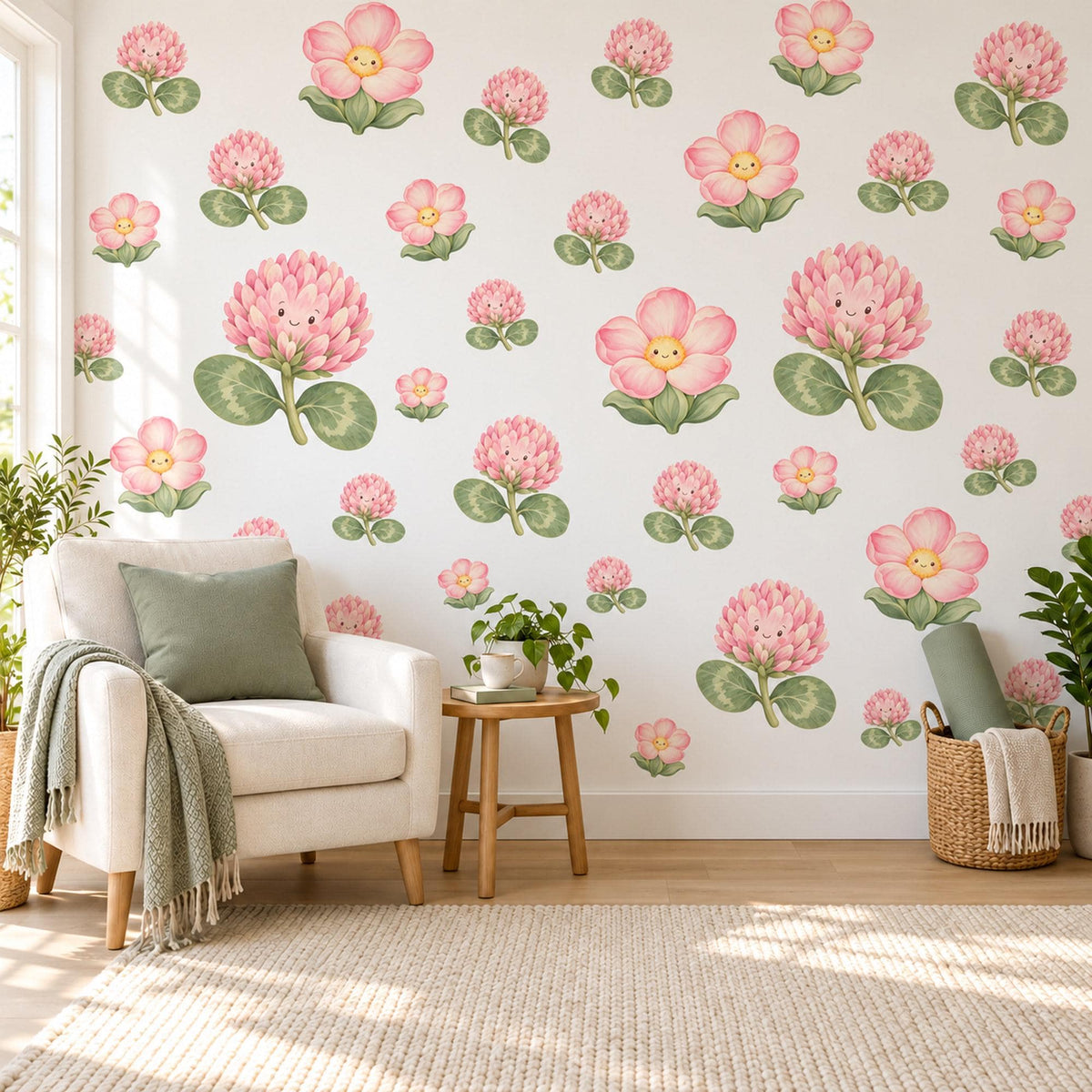 Clover Flower Wall Stickers, Pink Clover Blossom Nursery Decor, Smiling Flower Wall Decals, Blush Sage Girls Room Peel and Stick Wall Art