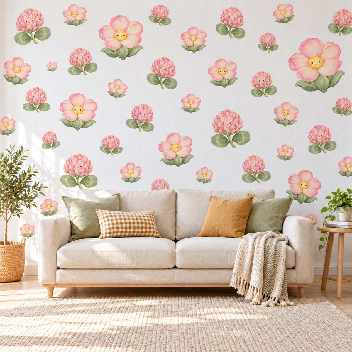 Clover Flower Wall Stickers, Pink Clover Blossom Nursery Decor, Smiling Flower Wall Decals, Blush Sage Girls Room Peel and Stick Wall Art