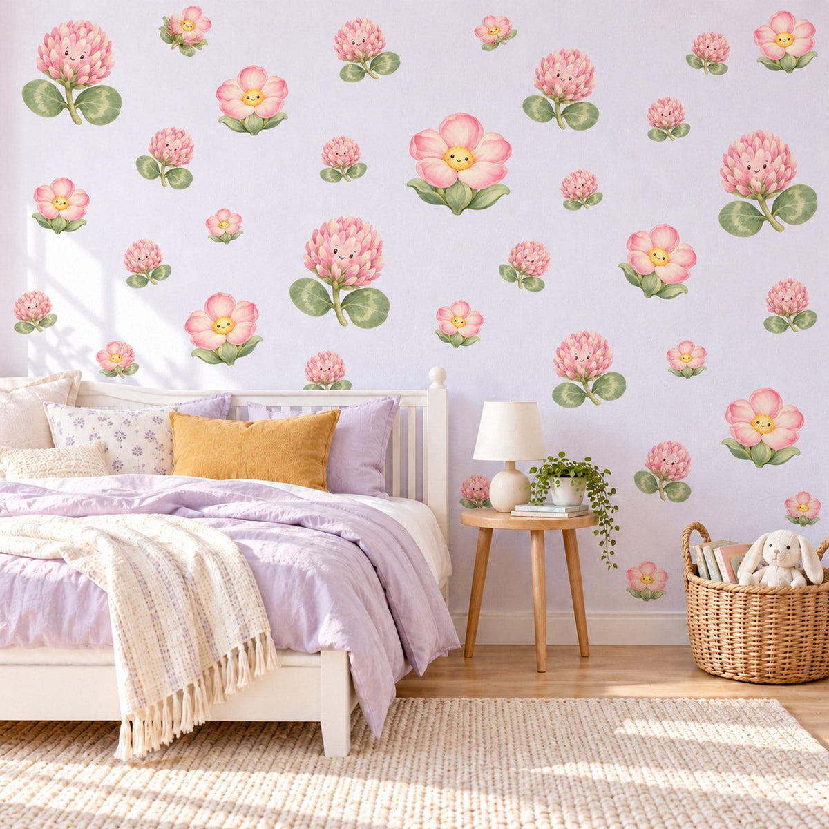 Clover Flower Wall Stickers, Pink Clover Blossom Nursery Decor, Smiling Flower Wall Decals, Blush Sage Girls Room Peel and Stick Wall Art