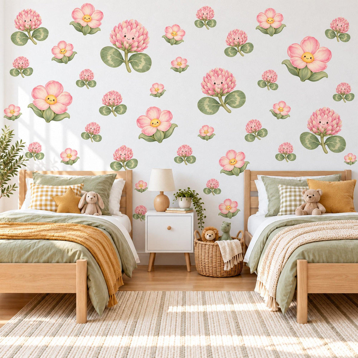 Clover Flower Wall Stickers, Pink Clover Blossom Nursery Decor, Smiling Flower Wall Decals, Blush Sage Girls Room Peel and Stick Wall Art