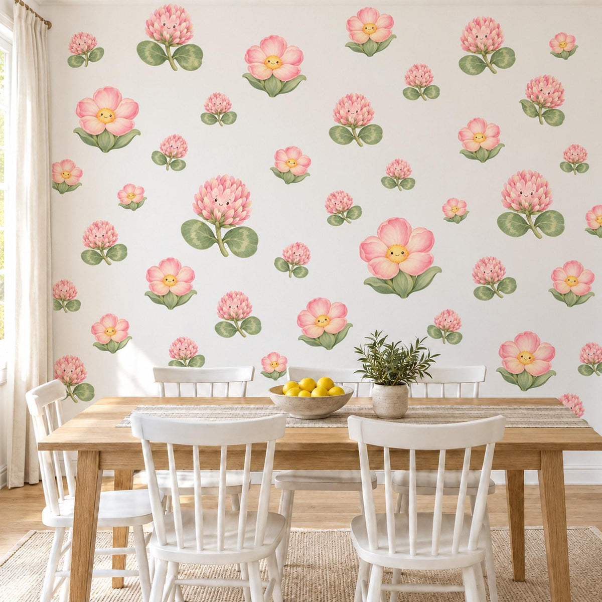Clover Flower Wall Stickers, Pink Clover Blossom Nursery Decor, Smiling Flower Wall Decals, Blush Sage Girls Room Peel and Stick Wall Art