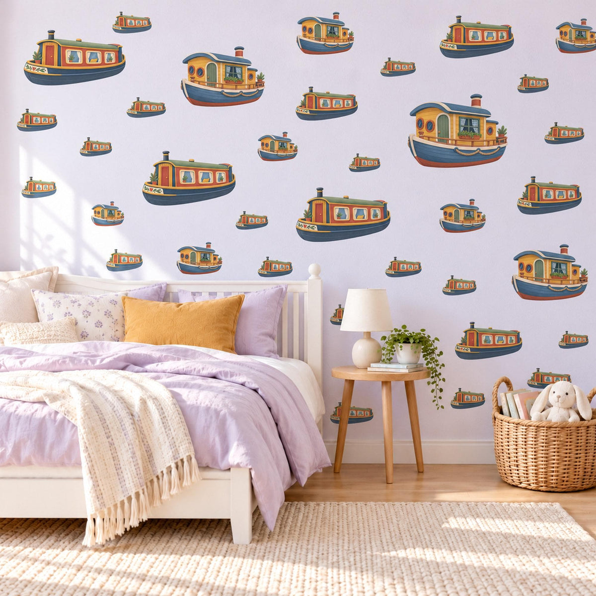 Canal Boat Wall Stickers, Narrowboat Nursery Decor, Little Barge Boats Wall Decals, Navy Mustard Red Kids Room Peel and Stick Wall Art