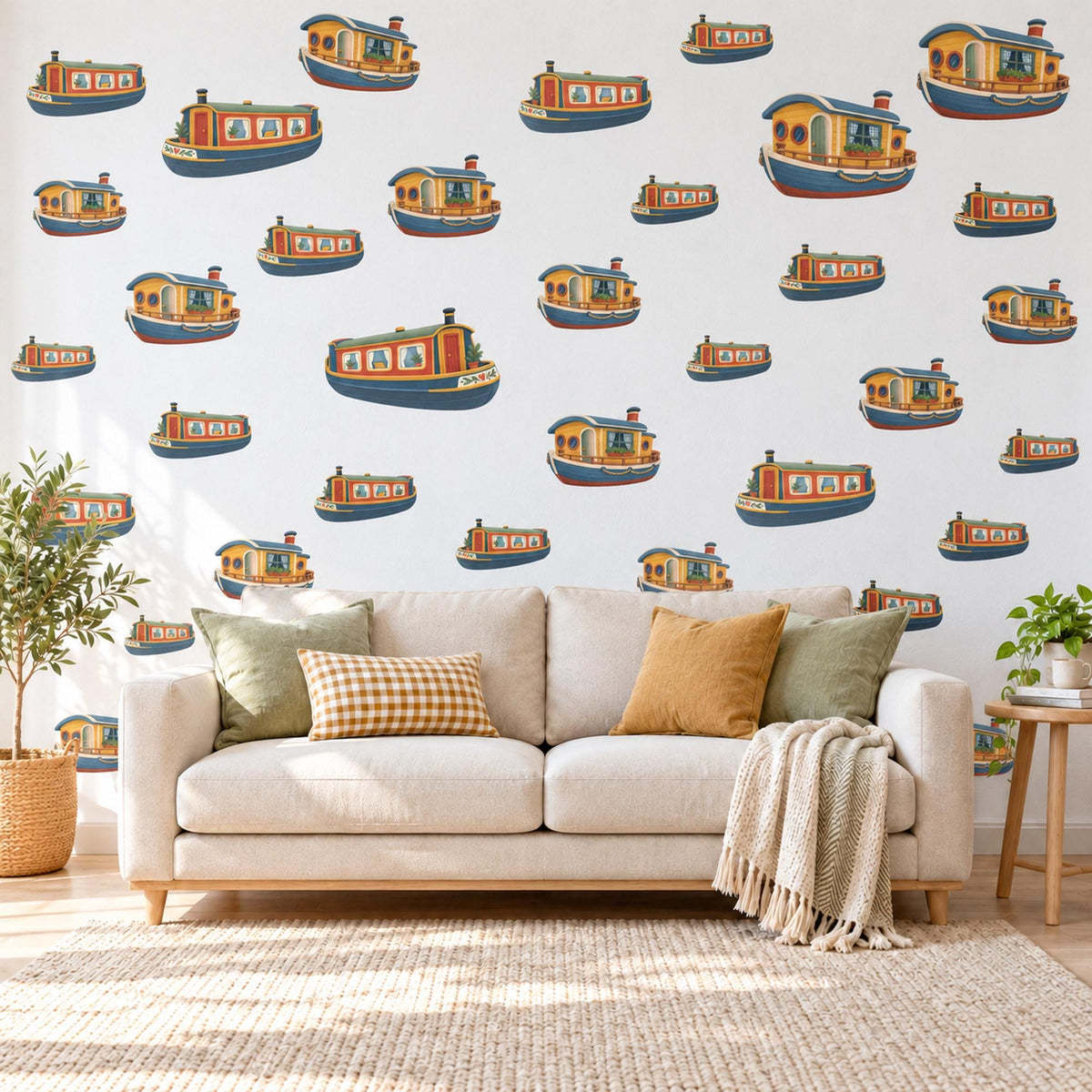 Canal Boat Wall Stickers, Narrowboat Nursery Decor, Little Barge Boats Wall Decals, Navy Mustard Red Kids Room Peel and Stick Wall Art