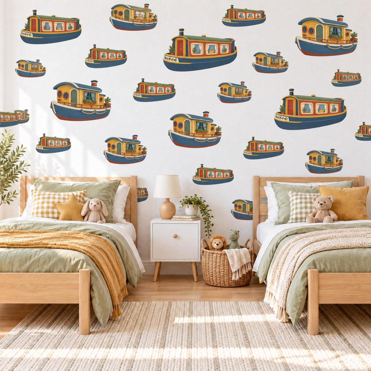 Canal Boat Wall Stickers, Narrowboat Nursery Decor, Little Barge Boats Wall Decals, Navy Mustard Red Kids Room Peel and Stick Wall Art