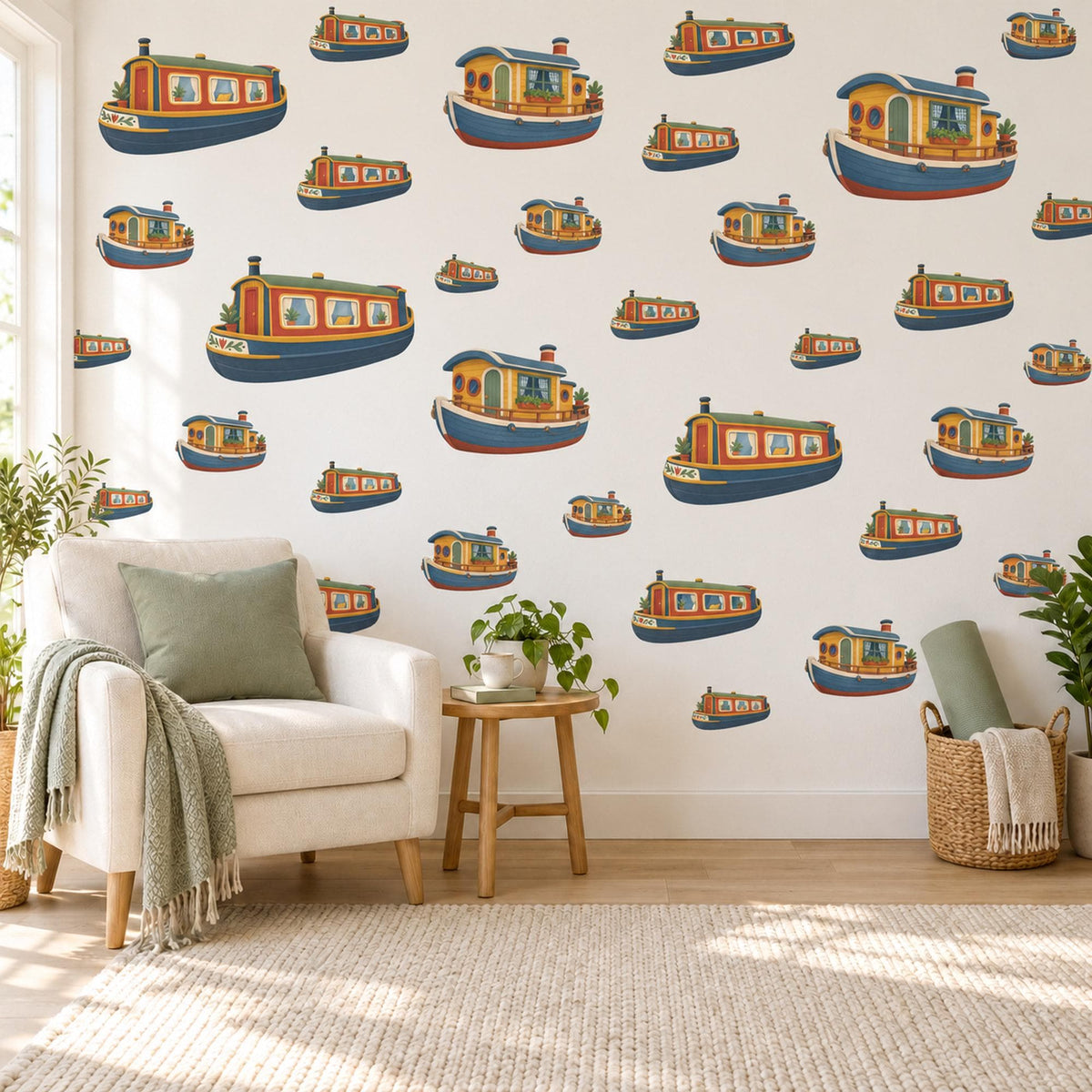 Canal Boat Wall Stickers, Narrowboat Nursery Decor, Little Barge Boats Wall Decals, Navy Mustard Red Kids Room Peel and Stick Wall Art