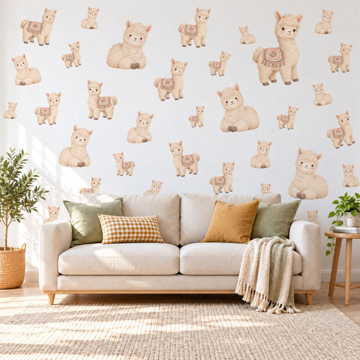 Alpaca Wall Stickers, Cute Llama Nursery Decor, Fluffy Baby Alpaca Wall Decals, Cream Beige Neutral Kids Room Peel and Stick Wall Art