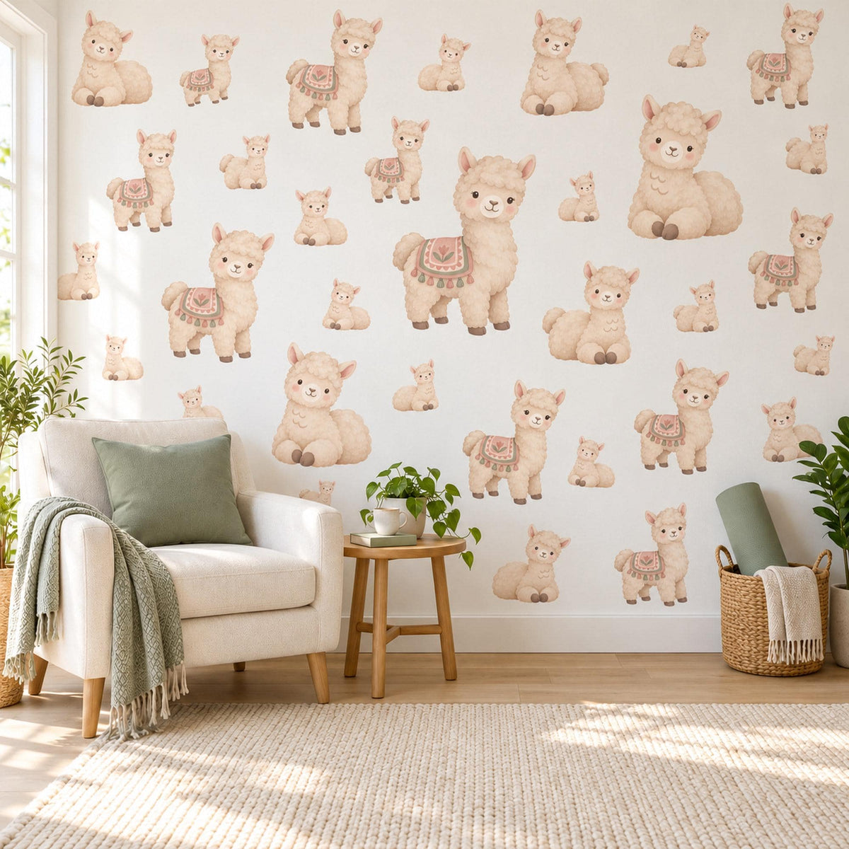 Alpaca Wall Stickers, Cute Llama Nursery Decor, Fluffy Baby Alpaca Wall Decals, Cream Beige Neutral Kids Room Peel and Stick Wall Art