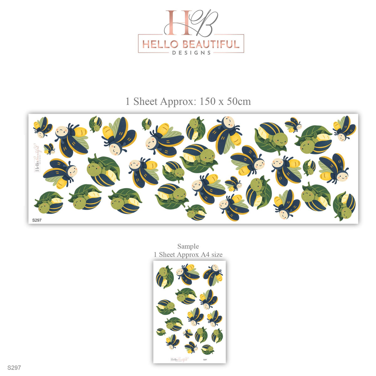 Firefly Wall Stickers, Cute Bug Nursery Decor, Fireflies and Caterpillars Wall Decals, Navy Yellow Green Kids Room Peel and Stick Wall Art