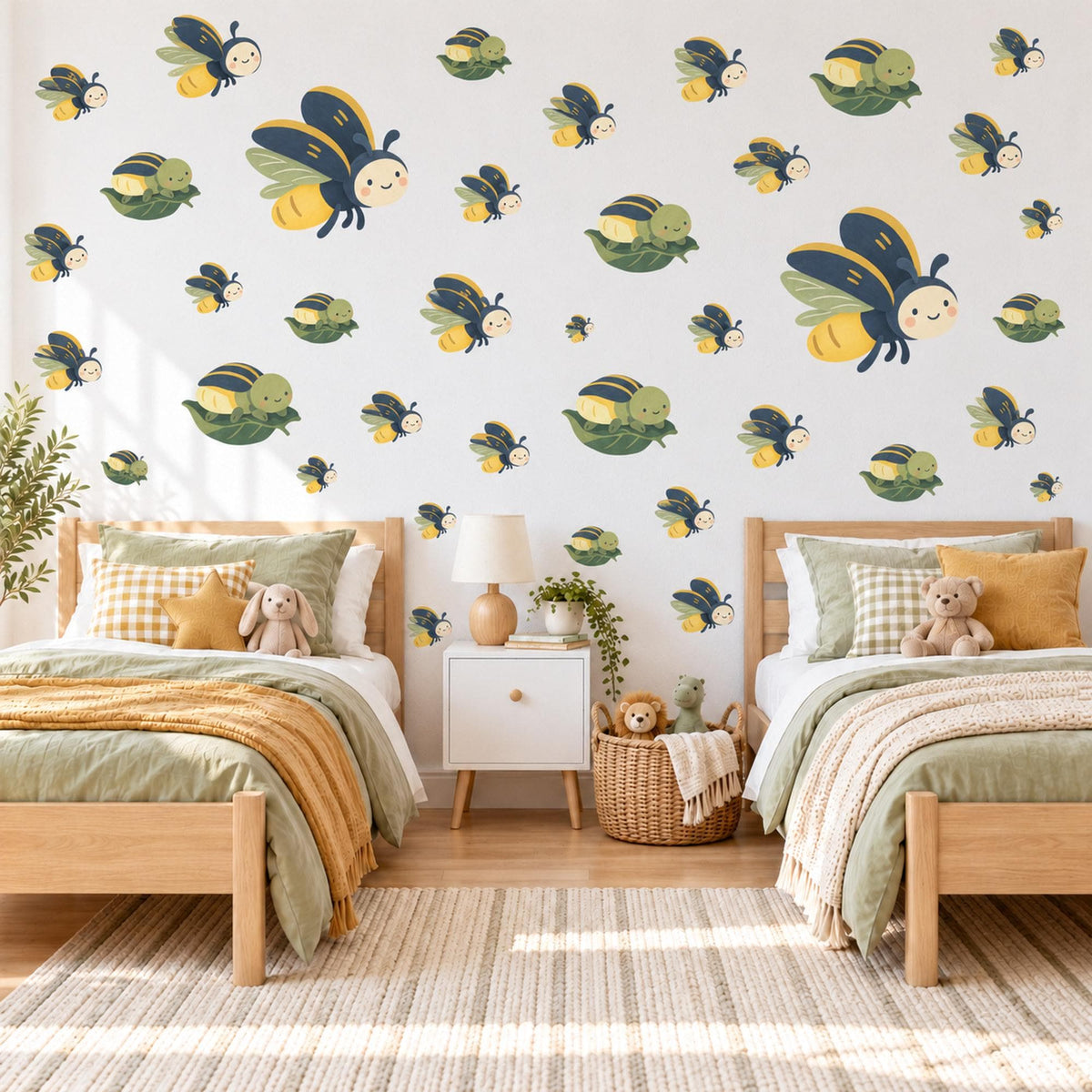 Firefly Wall Stickers, Cute Bug Nursery Decor, Fireflies and Caterpillars Wall Decals, Navy Yellow Green Kids Room Peel and Stick Wall Art