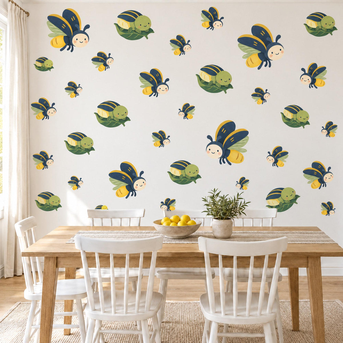 Firefly Wall Stickers, Cute Bug Nursery Decor, Fireflies and Caterpillars Wall Decals, Navy Yellow Green Kids Room Peel and Stick Wall Art