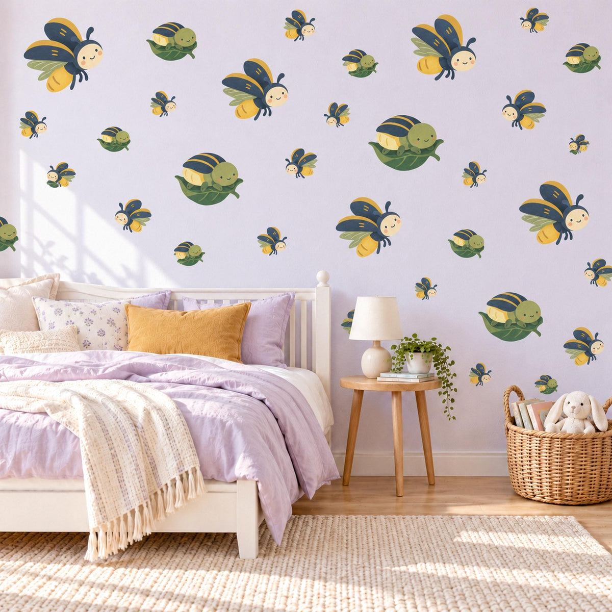 Firefly Wall Stickers, Cute Bug Nursery Decor, Fireflies and Caterpillars Wall Decals, Navy Yellow Green Kids Room Peel and Stick Wall Art