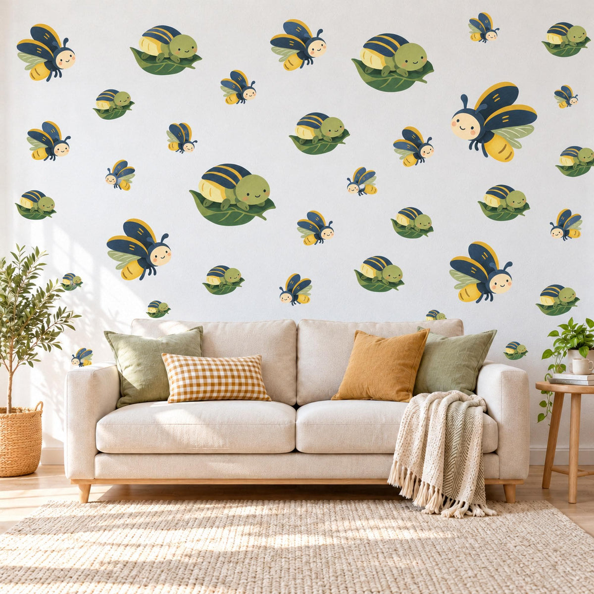 Firefly Wall Stickers, Cute Bug Nursery Decor, Fireflies and Caterpillars Wall Decals, Navy Yellow Green Kids Room Peel and Stick Wall Art