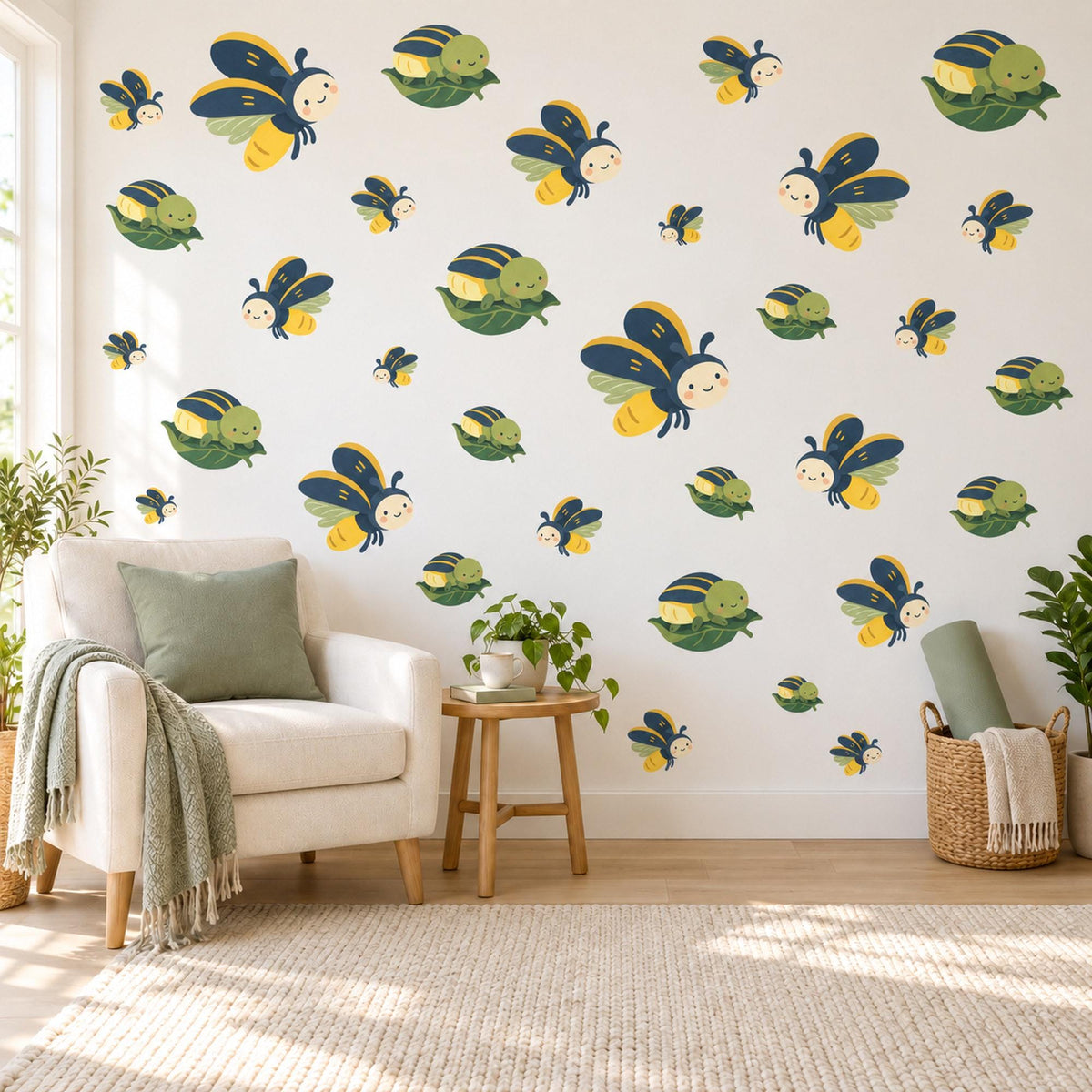 Firefly Wall Stickers, Cute Bug Nursery Decor, Fireflies and Caterpillars Wall Decals, Navy Yellow Green Kids Room Peel and Stick Wall Art